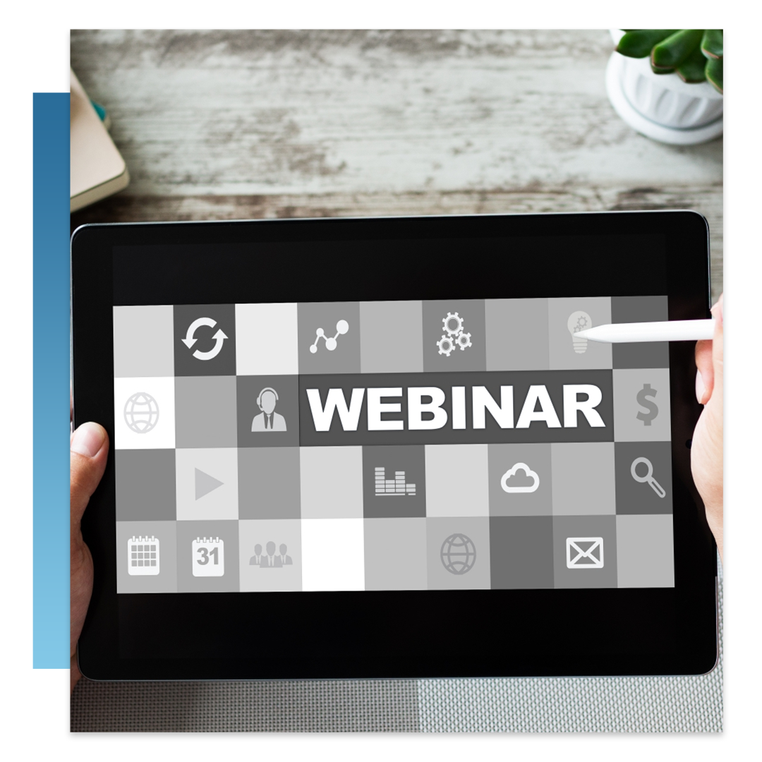 person holding tablet advertising webinar