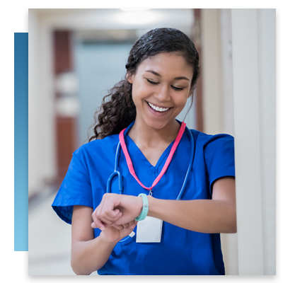 A nurse checking her RTLS device