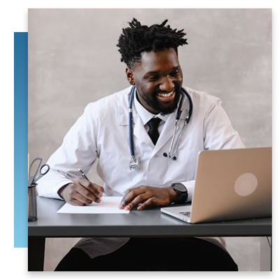 A doctor taking notes while on a telehealth call