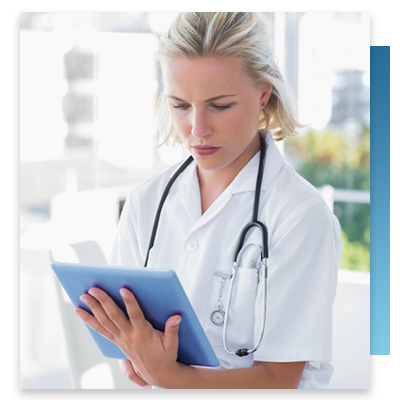 A nurse quickly getting patient info from a tablet