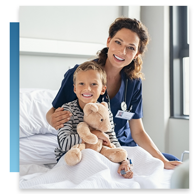A nurse sitting with a happy young patient