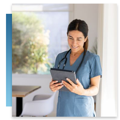 A content nurse looking at a tablet
